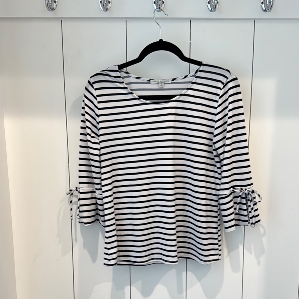 Green Envelope Black and White Striped Tie Front Blouse